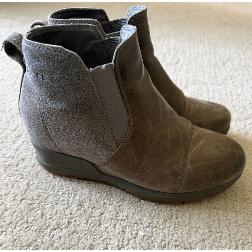 Sorel Evie Chelsea Wedge Boots Womens 7 Quarry Grey Waterproof Leather Suede